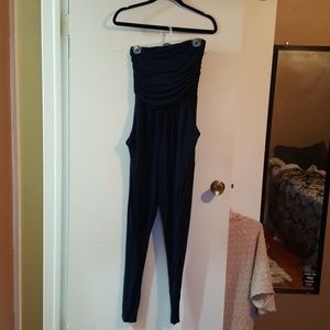 Dark blue sleeveless one piece, stretchy w POCKETS